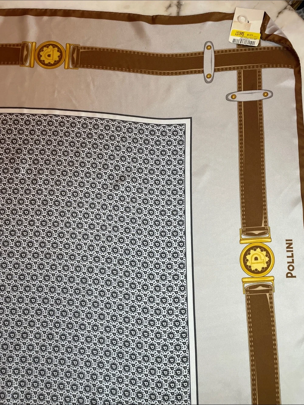 Pollini Beige, Brown & Black Belt Motif Silk Scarf